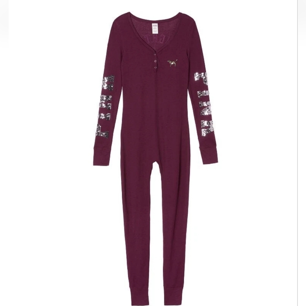 PINK Victoria's Secret Burgundy Pajama Onesie - Picture 4 of 14